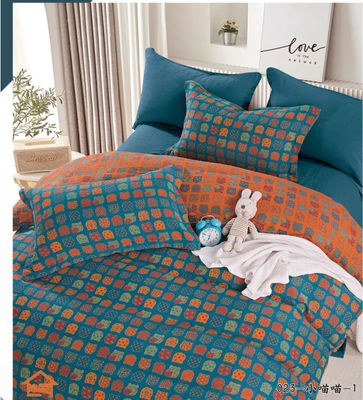 Orange Blue Fashion Design Jacquard Cotton Bedding Set Duvet Cover Fitted Sheet